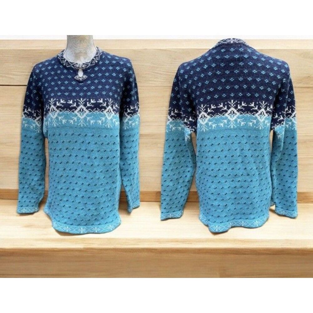 Vtg Woolrich Fair Isle Wool Sweater XL Petite Blue Nordic Snowflake Pullover